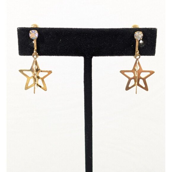 Vintage Gold Tone 3D Star AB Rhinestone Dangle Clip On Earrings - Picture 1 of 7